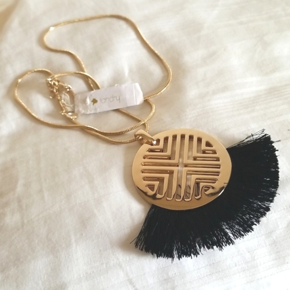 New Kate Landry Gold Medallian Black Fringe Necklace